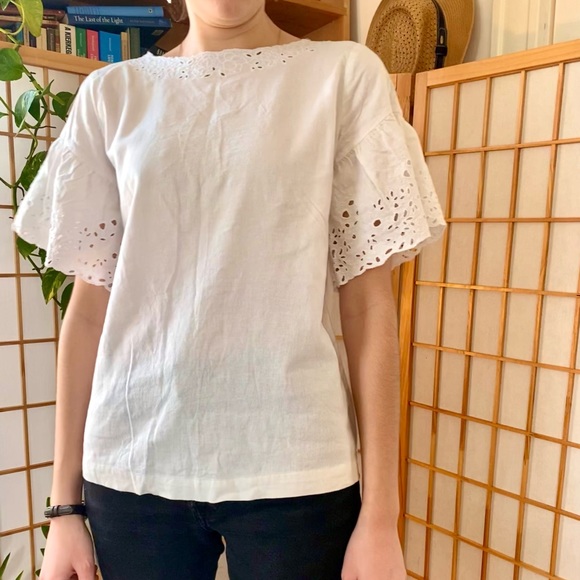 Linen Eyelet Broderie Flutter Sleeve Blouse - Picture 8 of 16